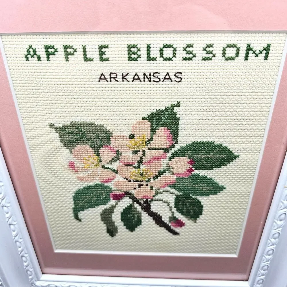 Apple Blossom Arkansas Cross Stitch Framed Wall Art 13x11 Pink Mat White Frame